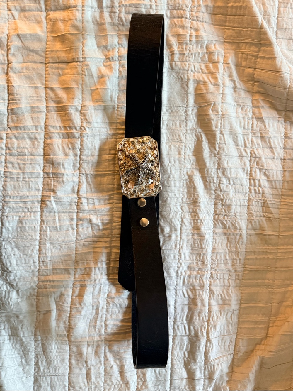Crystal Starfish  Embellished Black Leather Belt